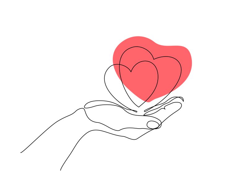 Illustration minimaliste d’une main tenant un cœur.