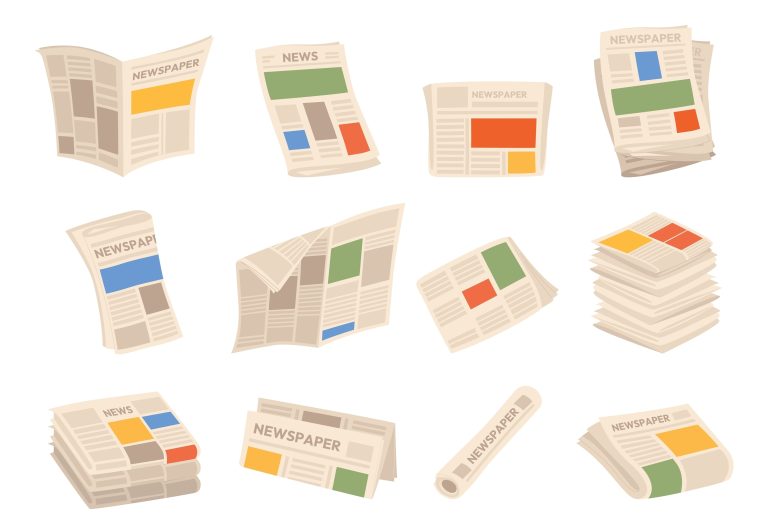 Illustrations de différents journaux et piles de journaux sur fond clair.