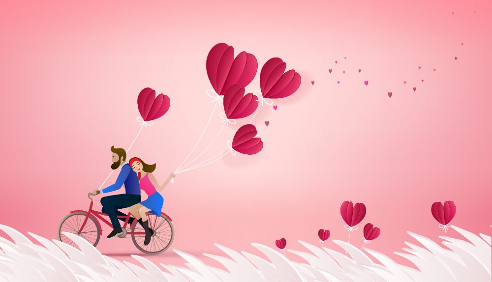 Illustration romantique d’un couple à vélo entouré de ballons en forme de cœur sur un fond rose.