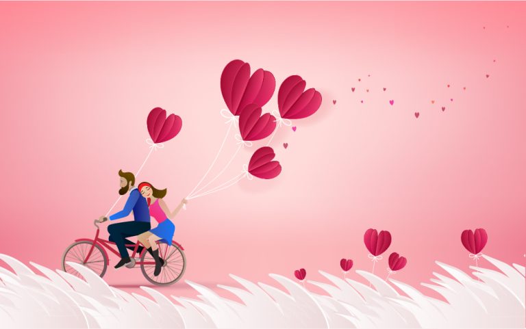 Illustration romantique d’un couple à vélo entouré de ballons en forme de cœur sur un fond rose.