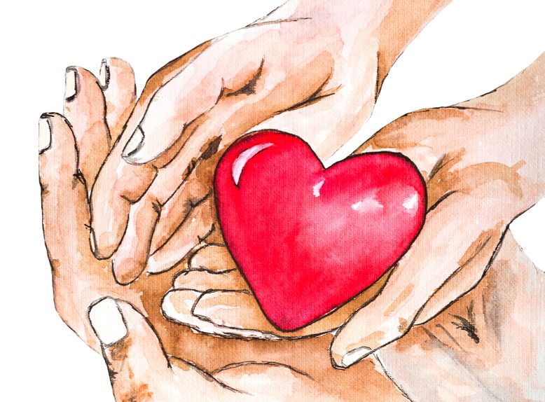 Illustration de plusieurs mains protégeant un cœur rouge symbolisant la solidarité, la bienveillance et la santé du cœur.