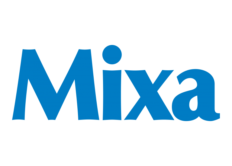 Logo bleu du mot “Mixa” affiché sur un fond transparent quadrillé.
